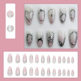 24 Pcs Almond Press on Nails Short Nail Tips - SHANRUN Fall Acrylic Nail Art Kit Fake Nails Press ons French Tip Glue on Nails Stick on Nails with Ombre Silver Butterfly Design False Nail for Women