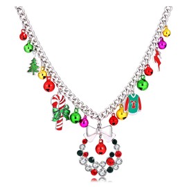 NLCAC Christmas Jingle Bell Necklace Women Statement Chunky Crystal Teardrop Pendant Necklace Xmas Gift Jewelry (Silver Necklace)