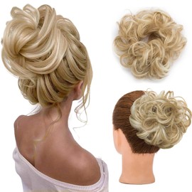 S-noilite Hairpiece with Elastic Band, Large Bun Hairpiece, Hair Extension, Wavy Curly, Messy Bun Ponytail for Women and Girls, 30 g, Brown Blonde Highlight