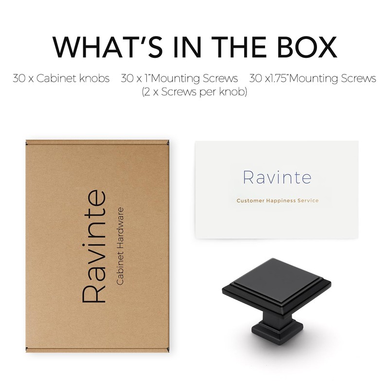 Ravinte 30 Pack 1-3/16 Inch Matte Black Kitchen Square Cabinet