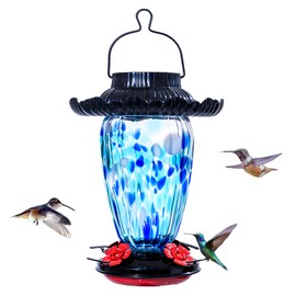 Muse Garden Solar Hummingbird Feeders for Outdoors Hanging, 38oz Hand Blown Glass Humming Bird Feeders for Garden Decor, Moms Birthday Unique, Blue