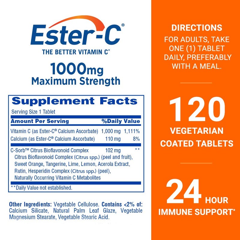 Ester-C Vitamin C 1000 mg Coated Tablets, Immune System Booster,