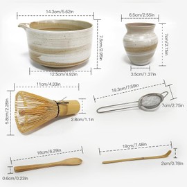Matcha Whisk Set, 6 Piece Matcha Kit with Bamboo Whisk Ceramic Bowl with Spout Sifter Scoop Traditional Japanese Tea Accessories for Home or Gifts (set of 6)