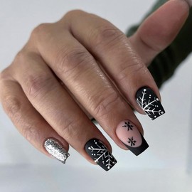 24 Pcs Matte Christmas Press on Nails Short Fake Nails Christmas False Nails with Snowflake Design Glitter Full Cover Artificial Nails Winter Xmas Glue on Nails Christmas Stick on Nails for Women