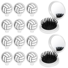12 Pcs Volleyball Mini Detangler Brush, Folding Mirror Hair Brushes, Mini Travel Hair Brush, No Tangle Soft Flexible Bristles for Straight, Curly, Thick Hair for Volleyball Team Gift Sport Party
