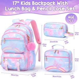 Fimibuke Kids Backpack for School Girls, 3PCS Rainbow & Butterflies Teen Girls Backpack with Lunch Box & Pencil Case, Blue Bookbag School Bag for Kindergarten Elementary Middle School Student Ages 5+