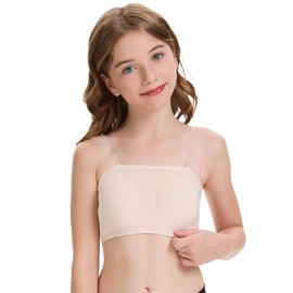 flexdans Seamless Wireless Dance Bras for Girls,Kids Ballet Elastic Bandeau Bras with Clear Adjustable Straps Nude L