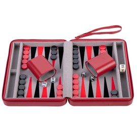 Engelhart - 250500 Travel Backgammon Set, Felt Inlay, 9" Deluxe Playset with Red Zip (Grey, Black, Red)