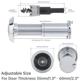 HOJLKLD Door Viewer Peephole,Solid Brass 200 Degree Peep Hole with 16 MM Drill Bit for 1-1/2" to 2-3/8" Doors,5/8 Inch Pipe Diameter Door Eye Viewer with Privacy Cover (1, Polished Chrome)