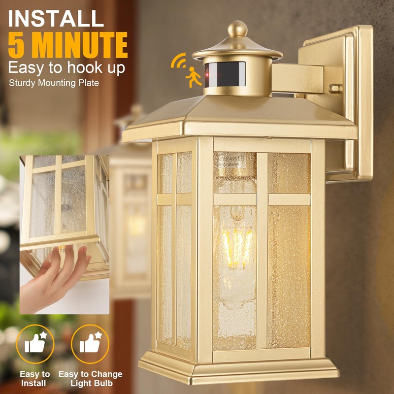 2-Pack Gold Exterior Motion Wall Sconces, Outdoor Waterproof Wall Light