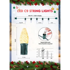 Minetom C9 Christmas String Lights, 100 Ft LED Commercial Outdoor Christmas Lights with 100 Strawberry C9 Bulbs, Waterproof Connectable UL Certified for Outdoor Indoor Roofline Backyard Xmas Decor