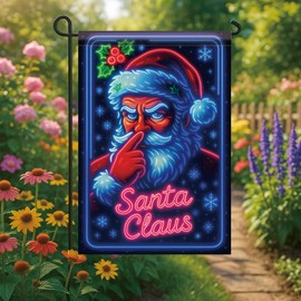 Saoplasa Christmas Garden Flag Santa Claus Flag 12x18 Inch Double Sided Outdoor Holiday Yard Banner Neon Glow Snowflakes Holly Retro Winter Lawn Porch Decor (Without Lights)