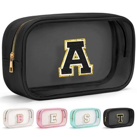 YOOLIFE Initial Make Up Bag Travel Toiletry Bag for Women, Clear Makeup Bag Organizer Cosmetic Bags Travel Essentials Gifts for Women Teen Girlfriend Teacher Mom Brithday Mothers Day Gifts Black A