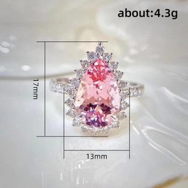 928 Silver Shiny Full Colorful Diamond Ring Iced Pink Teardrop Pear Shaped Ring Cocktail Rings Heart Shape Pink Cubic Zirconia Promise Rings CZ Ring Eternity Engagement Wedding Band Ring for Women 9
