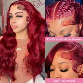 OOVVDA 32 Inch 99J Burgundy Lace Front Wig Human Hair 200 Density 13x4 HD Transparent Lace Body Wave Pre Plucked Wine Red Colored Glueless Wig for Women