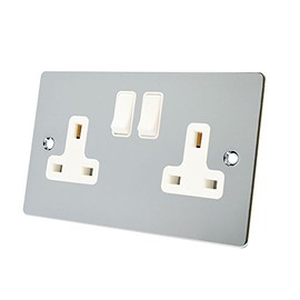 Alliance Electrical FPC2GSOCWH Polished Chrome Flat 2 Gang White Insert Plastic Rocker Switches-13 Amp Double Plug Socket, 240 V