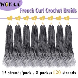 French Curl Crochet Braids 14 Inch Goddess Box Braids Crochet Hair for Women Gray Pre Looped Crochet Box Braids with Curly Ends Synthetic French Curly Braiding Hair Extensions (8 Packs，1B/Gray)