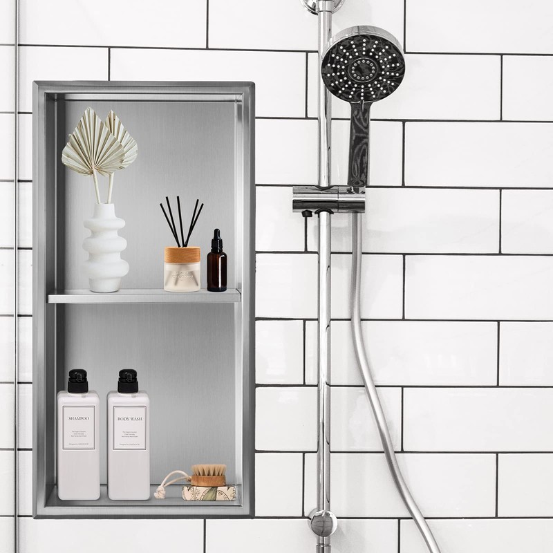 Sanbege 12"×24" Shower Niche with Divider, Brushed Stainless Steel Bathroom