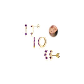 Gold Purple Earrings for Women, Deep Purple Amethyst February Birthstone Earrings Jewelry Gifts, Hypoallergenic Jacket Stud Huggie Hoop Stack for Multiple Piercing