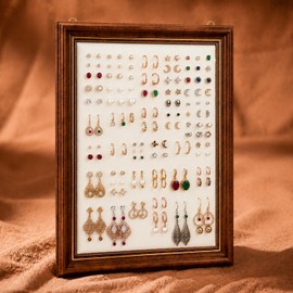 RattanView Large Vintage Earring Organizer Frame 16 x 12 Inches Rustic Wood Earring Holder Rack with Soft Backing Jewelry Display Stand Organize for Stud Hoop Earings Necklace Women Bride Gift