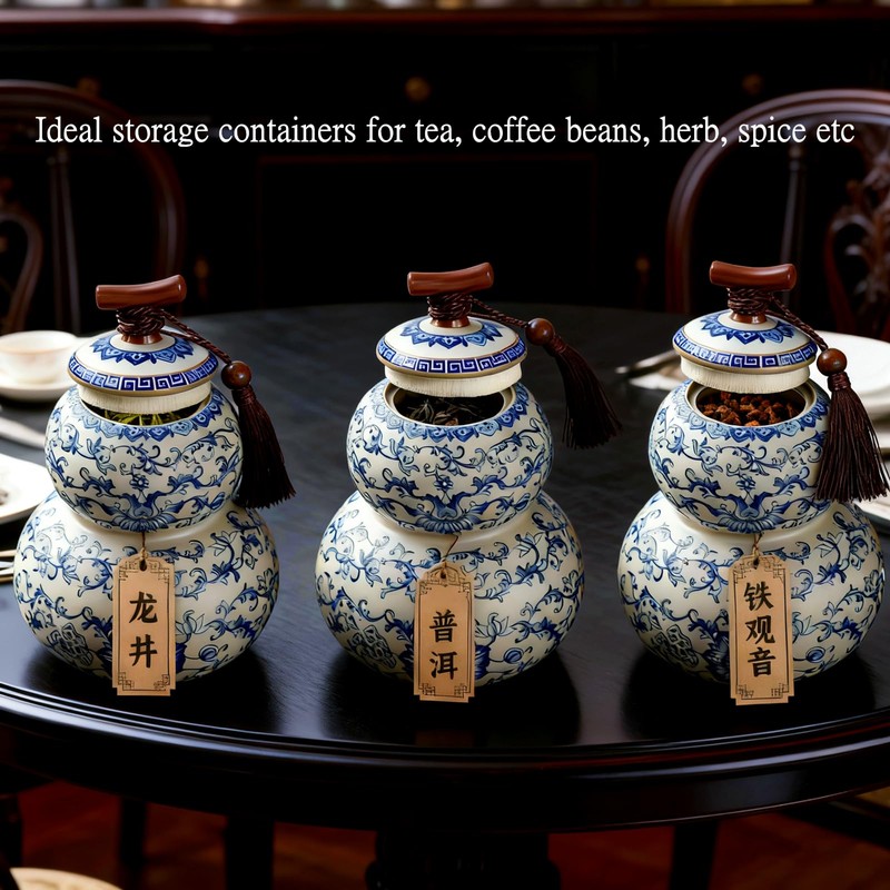 HOHCNA Blue and White Porcelain Airtight Tea Canister with Lid,