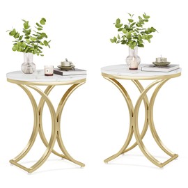 Tribesigns Set of 2 Faux Marble Round Side Table, White and Gold Contemporary End Table (2PCS)
