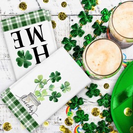St. Patrick's Day Dish Towels, Lucky Shamrock Bottle Kitchen Towels, 18x26 Inch Clover Home Tea Towel, Set of 2 Seasonal Green Buffalo Plaid Decoration Hand Towels for Bathroom Kitchen Baking Cooking