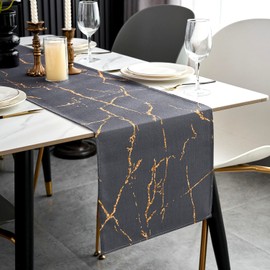 ViaElayu Table Runner Modern Grey Gold Marble Texture Abstract Washable Outdoor Spring Country Style Vintage Farmhouse Rectangular Tablecloth Kitchen Table Runner Party Decoration 33 x 183 cm