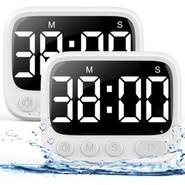 HAUKINIX Shower Timer Waterproof Bathroom Toilet Timer Digital Kitchen for Wall Mount, Study w/Foldable Stand, Countdown Stopwatch w/Suction Cup for Swim, Rechargeable, 2 Pack White