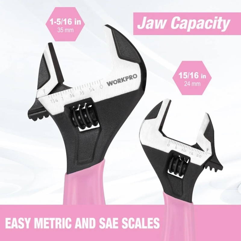WORKPRO 6-Inch & 10-Inch 2-piece Pink Adjustable Wrench Set Metric