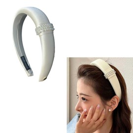 White Padded Pearl Headband for Women Girls Puffy Headbands Fashion Wide Thick Headbands for Women Soft Padded Hairbands Satin Comfortable Head Bands with Pearls Plain Hair Band