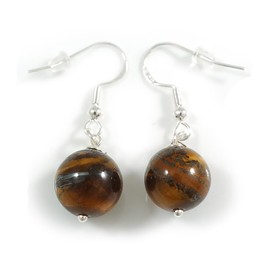 Natural Tiger Eye Stone Single Bead Drop Earrings with 925 Sterling Silver Closure/ 35mm Total Length