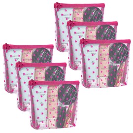 Fassave 6 Pack Mini Zipper Mesh Makeup Bags, Heart Print Nylon Cosmetic Bags Toiletry Bags for Office Travel Organization (Widened-Hot Pink, S)