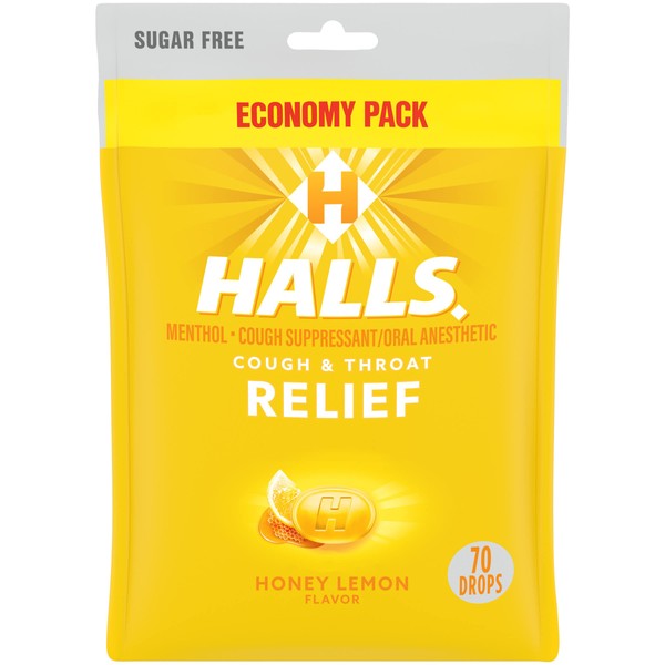 HALLS Relief Honey Lemon Sugar Free Cough Drops, Economy Pack - 70 Drops
