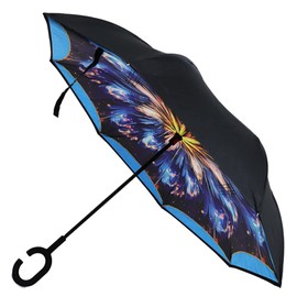 Parquet Blue Feather Double Layer Inverted Umbrellas - C Shaped Handle Reverse Folding Windproof Umbrella for Men and Women