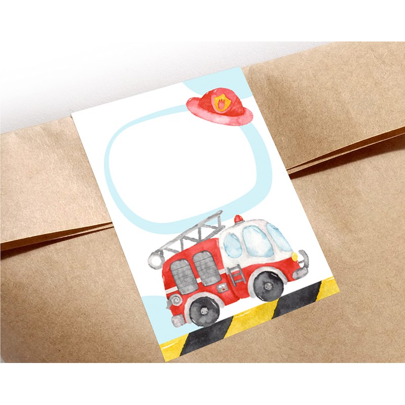 12 Gift Bags (Natural) + 12 Stickers Fire Brigade Engine