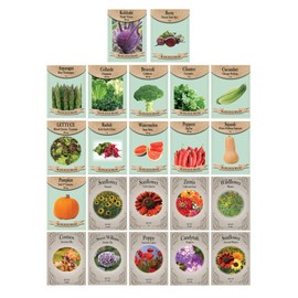 Flower & Vegetable Seed Set - 22 Varieties of Non-GMO Heirloom Premium Seeds for Planting - Asparagus, Beet, Broccoli, Wildflower, and More