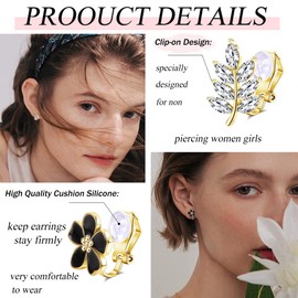 KALVICA 13/15 Pairs of Ear Clips Women's Dangle Clip Earrings Set for Women Pearl Flower Star Leaf Knot Zirconia Stones Ear Clips without Ear Holes Golden Non Piercing Earrings Set, Alloy Steel