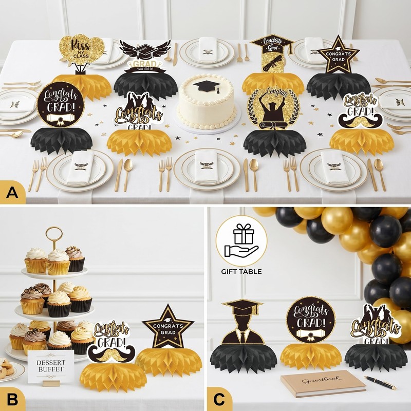 NUOM Decorazioni Laurea Nido d’Ape Nero e Oro 9 Pezzi,