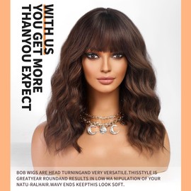 KOME Brown Curly Bob Wig with Bangs Short Wavy Natural Brown Wigs for Women Lob Haircut Synthetic Heat Resistant Bob Wigs 14IN…