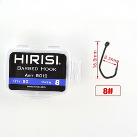 Hirisi 8019 Fishing Hooks Size 8 with Barbed Hooks Carp Hook with Eyelet for Carp Fishing, Carbon Steel, Boilie Hooks, Seated Fishing, Various Sizes, Pack of 50