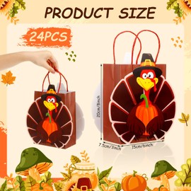 Yexiya 24 Pack Thanksgiving Gift Paper Bags Turkey Shaped Reusable Treat Candy Totes Goodie Bags Bulk with Handles for Autumn Fall Harvest Birthday Party Favors Supplies Decoration(Turkey Style)