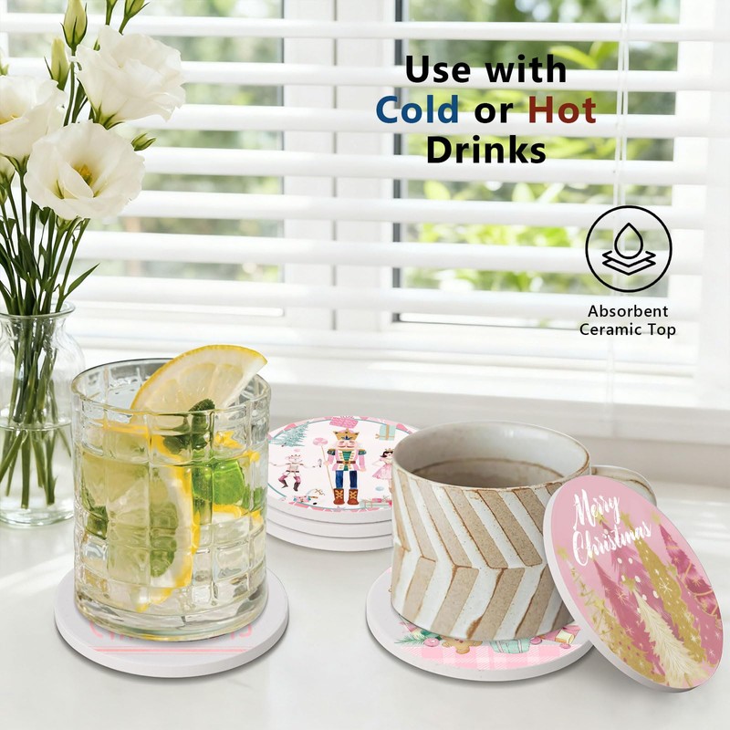 6Pcs Pink Christmas Coasters with Holder, Gingerbread Nutcracker Coaster