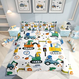 Erosebridal Dinosaur Construction Comforter, Kawaii Dino Toddler Comforter Set Construction Bedding Tractor Bedding Queen, Cartoon Excavator Toddler Bedroom Set Cute Room Decor