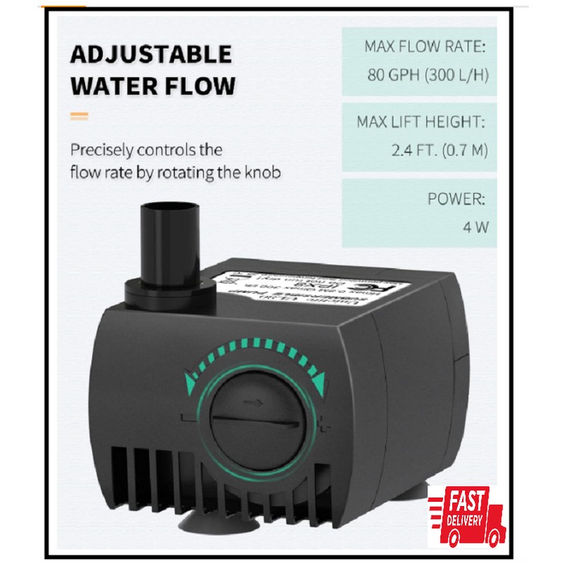 Uniclife 80GPH Small Fountain Water Pump for Aquarium Submersible Water
