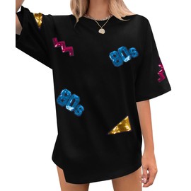 UNIQUEONE 80s 90s Outfits for Women Sequin 80s Themed Party Outfits Vintage neon Shirts Oversize Birthday Tops