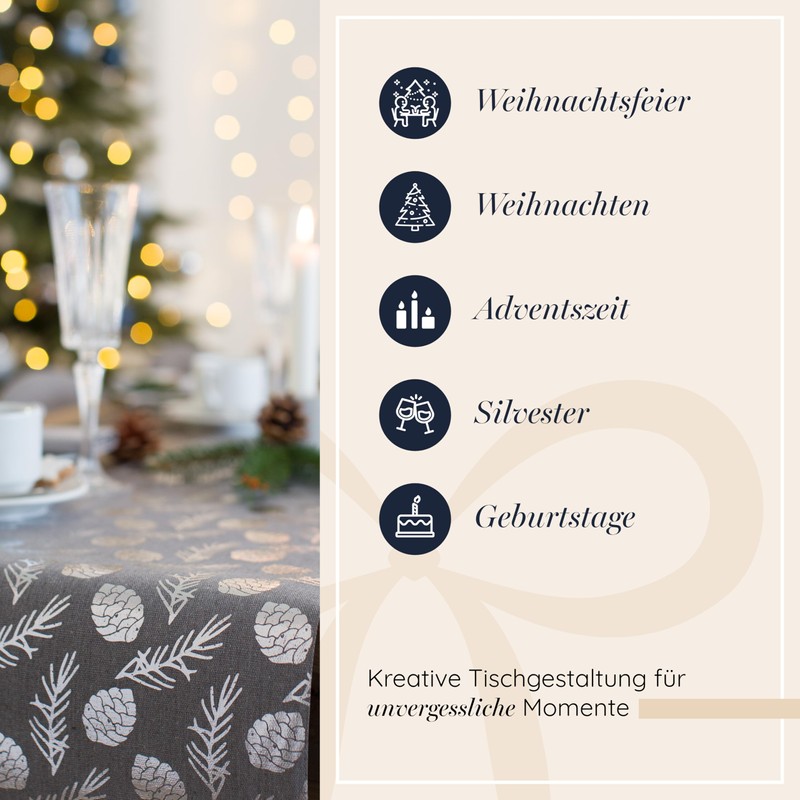 100%Mosel Table Runner Linen Look Grey, Pine Cones in Silver,