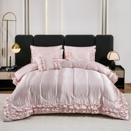 Dreamwaka Satin Comforter Set with Pink Satin Sheet Set Full 8 Pieces Silk Like Satin Bedding Set Luxury Silky Ruffle Pattern Home Deocr Sexy Hotel Silky Bed Set with 1 Cushion Cover