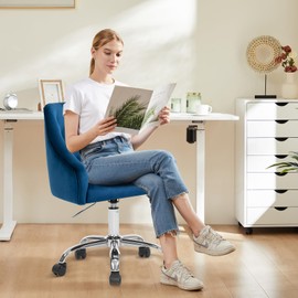 MOJAY Velvet Office Swivel Chair, Vanity Chair, Fabric Desk Chair, Pretty Fancy Chair, Gold Office Chair for Girls, 360°Swivel Height Adjustable Reception Chair (Navyblue)