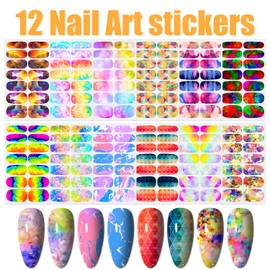 WOKOTO 12 Sheets Graffiti Nail Polish Stickers Full Nail Wraps for Women Aurora Gradient Gel Nail Strips Nail Polish Strips for Women Girls Nail Stickers Mix Color Stick On Nail Gel Stickers